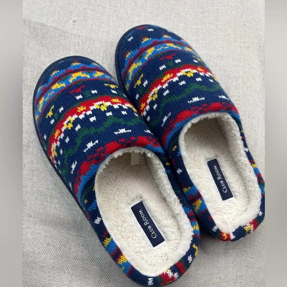 Club Room Mens Holiday Slip On Slippers Navy Blue Red Size Medium 8-9
